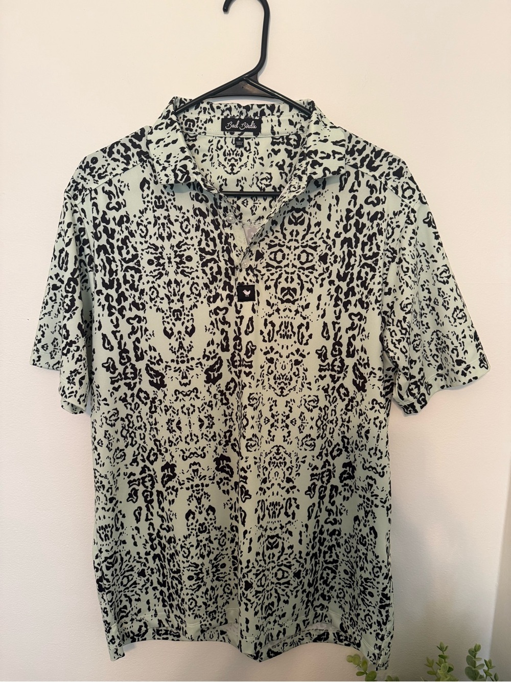 Bad Birdie Mint Green Short Sleeve Button-Down with Black Abstract Print